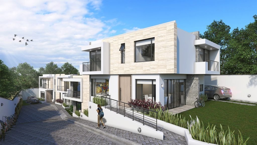 Casa del proyecto Natur de MCC Constructora con fachada blanca y piedra, rodeada de jardines