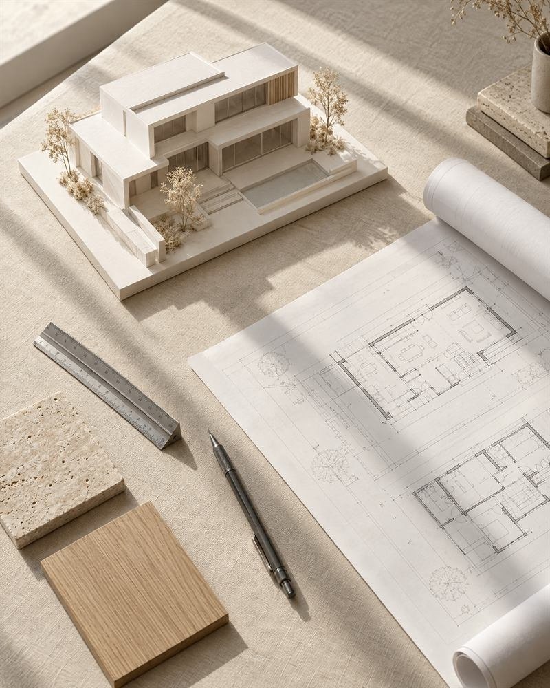Maqueta blanca de una casa moderna junto a planos arquitectónicos y muestras de travertino y madera