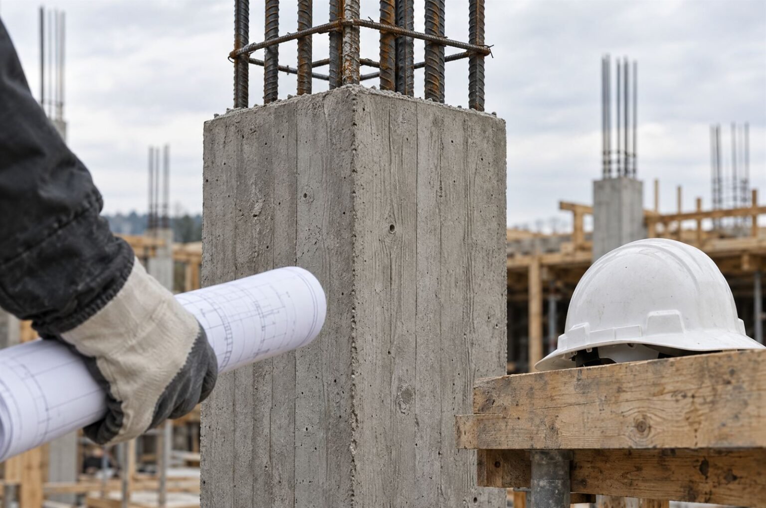Columna de hormigón recién fundida con varillas de acero, planos enrollados y casco de obra